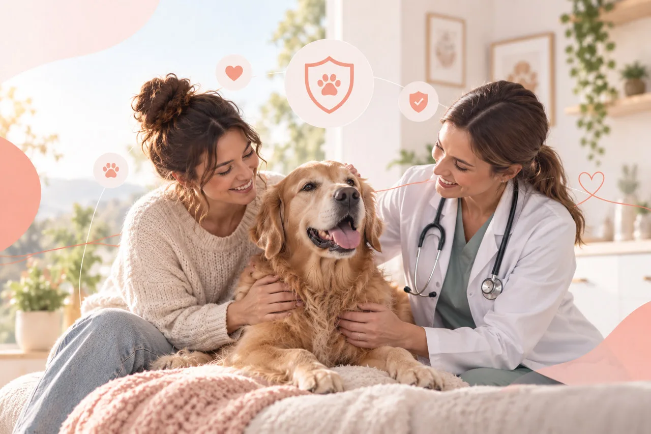 Owner and veterinarian beside a golden-colored dog